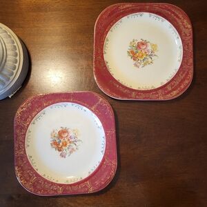 2 - Vtg Triumph American Limoges Meissen Rose Square Bread Plates Maroon Gold